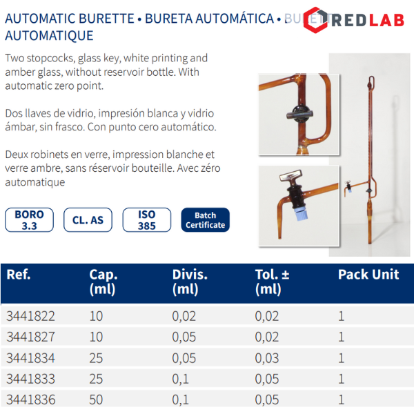 Burette tự động trắng khóa nhựa & thủy tinh NORMAX Bồ Đào Nha 10 25 50 ml, có VAT