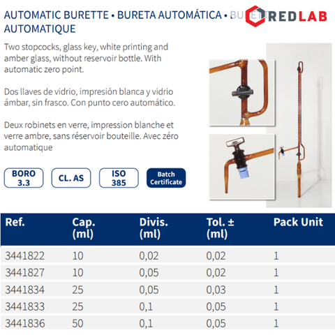 Burette tự động trắng khóa nhựa & thủy tinh NORMAX Bồ Đào Nha 10 25 50 ml, có VAT