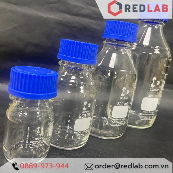 Chai trung tính trắng DURAN Class A 25 50 100 150 250 500 750 ml, 1 2 3.5 5 L nắp vặn PP xanh GL 25 32 45, có VAT