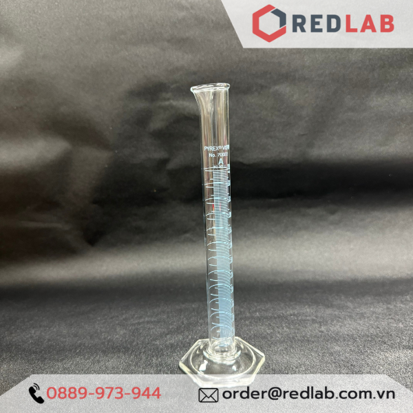 Ống đong thuỷ tinh PYREX Class A 10 25 50 100 250 ml, đế lục giác chia vạch xanh, thuỷ tinh Borosilicate, có VAT