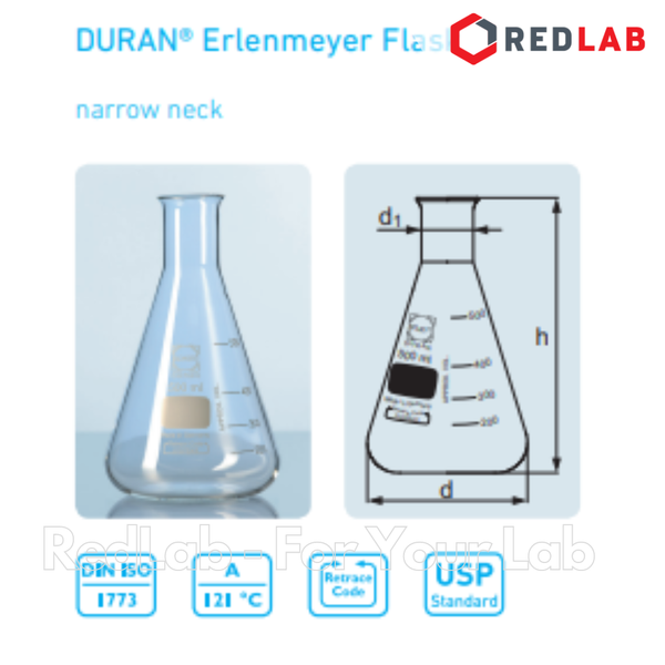 Bình tam giác cổ hẹp DURAN Class A 50 100 150 200 250 300 500 800 ml, 1 2 3.5 5 L, Narrow neck Erlenmeyer, có VAT