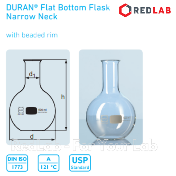 Bình cầu thủy tinh đáy bằng cổ trơn DURAN Class A 50 100 250 500 1000 2000 ml, có VAT