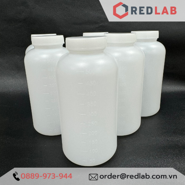 Chai nhựa PP trắng Việt Nam 500ml chia vạch nổi trắng, miệng rộng có nắp vặn và nắp đệm, có VAT