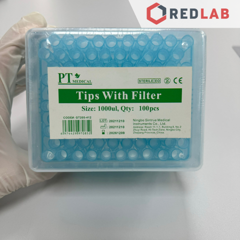 Hộp microtips (đầu típ) có Lọc 10µl 200µl 1000µl tiệt trùng EO, hãng PT Medical, gồm giá đựng, có VAT - REDLAB