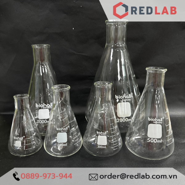 Bình tam giác miệng hẹp BIOHALL 125 150 250 300 500 1000 ml, bình nón - bình erlen MH, mark trắng, có VAT