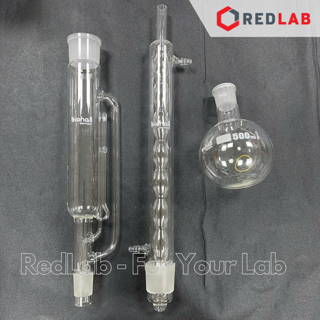 Bộ chiết Soxhlet BIOHALL 100 250 500 1000 ml, gồm bình cầu đáy bằng, thân chiết và sinh hàn bóng, có VAT