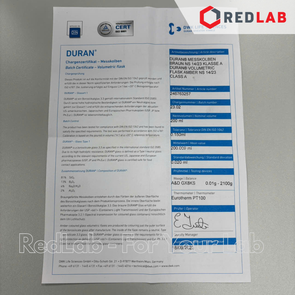 Bình định mức Nâu DURAN Class A 50 100 200 250 500 1000 2000 ml, nút nhựa, Amber Volumetric flask, có VAT