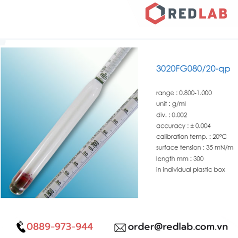 Tỷ trọng kế 0.800-1.000 0.002 g/ml Tp 20°C hãng Alla - Pháp, Hydrometer code 3020FG080/20-QP, - Redlab