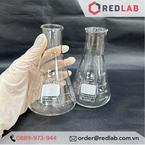 Bình tam giác cổ hẹp DURAN Class A 50 100 150 200 250 300 500 800 ml, 1 2 3.5 5 L, Narrow neck Erlenmeyer, có VAT