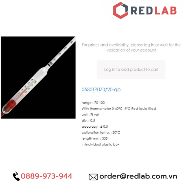 Cồn kế có nhiệt kế 70-100 0.5% Tp 20ºC, 0-40°C : 1°C ALLA 0530TP070/20-QP alcoholometer with thermometer, có VAT