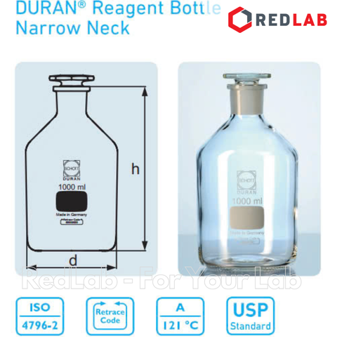 Chai trắng cổ hẹp nút mài thủy tinh DURAN 50 100 250 500 1000 200 ml - nhám 14/15 19/26 24/29 29/32, có VAT