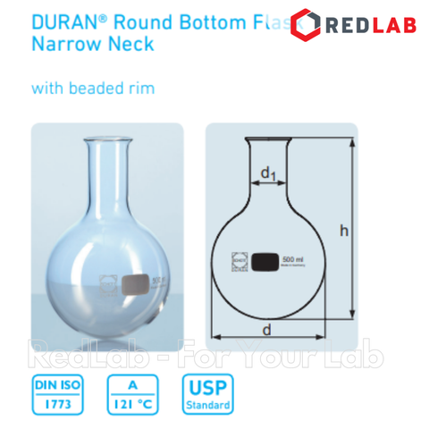 Bình cầu thủy tinh đáy tròn cổ trơn DURAN Class A 50 100 250 500 1000 2000 ml, có VAT