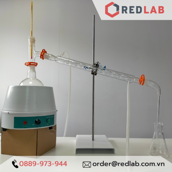 Trọn bộ chưng cất cồn: Bếp đun, bình cầu, chạc 3 nhánh, ống sinh hàn, co sừng bò, bình tam giác, nhiệt kế, ống silicon, có VAT