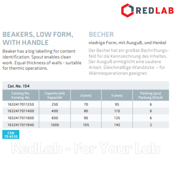 Cốc thuỷ tinh có tay cầm SIMAX 250 400 600 1000 ml, cốc đốt có quai có mỏ, chia vạch trắng, có VAT