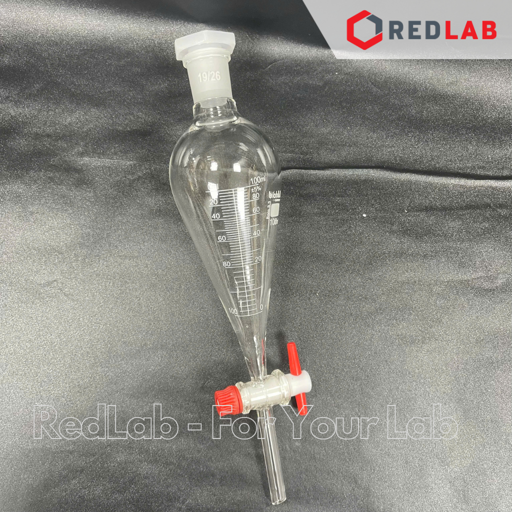 Phễu chiết quả lê BIOHALL khóa nhựa PTFE 50 100 250 500 1000 2000 ml, thủy tinh boro 3.3, vạch trắng, có VAT