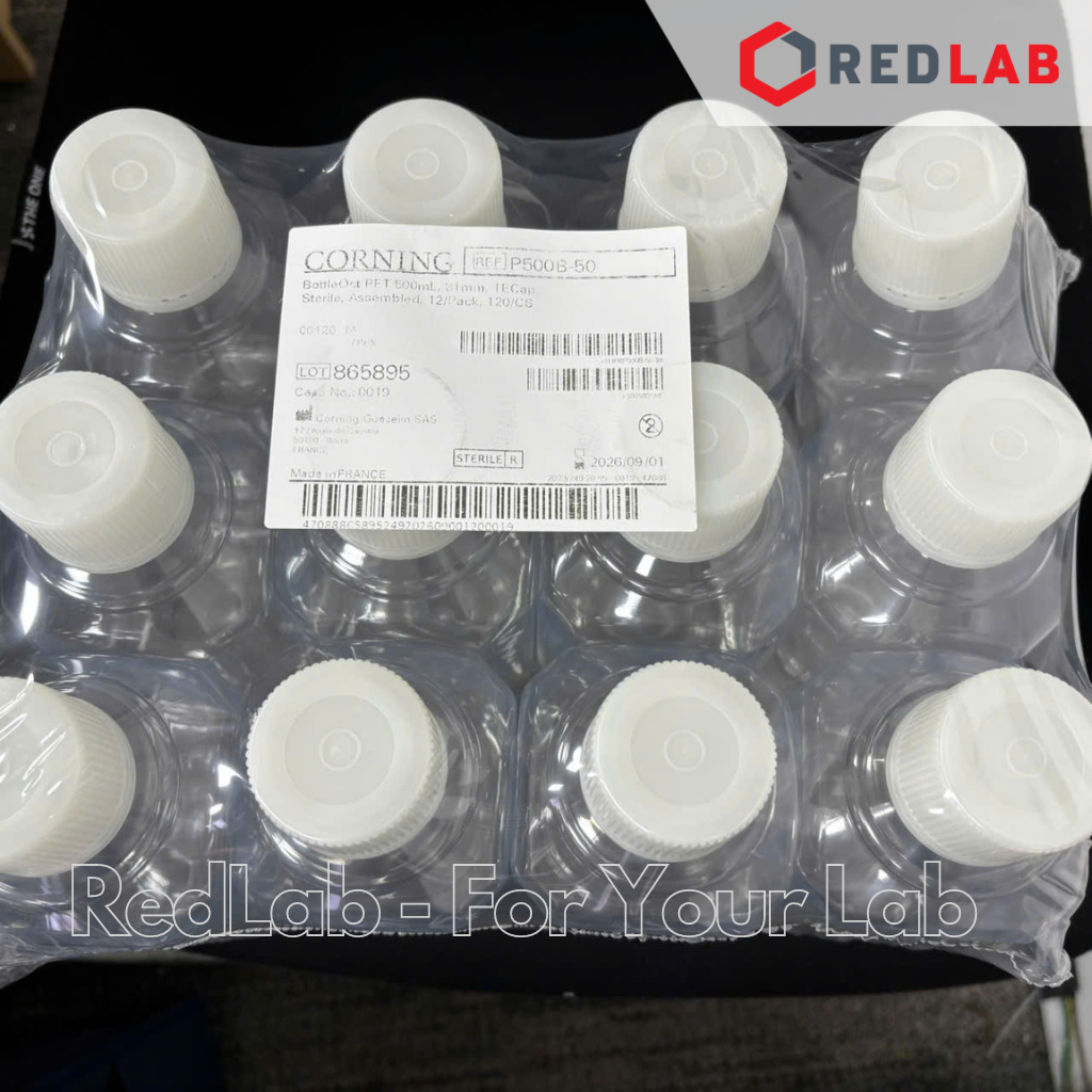 Chai nhựa PET trong suốt dạng vuông Corning / Gosselin P500B-50 500ml, chia vạch, tiệt trùng gói 12 cái, có VAT