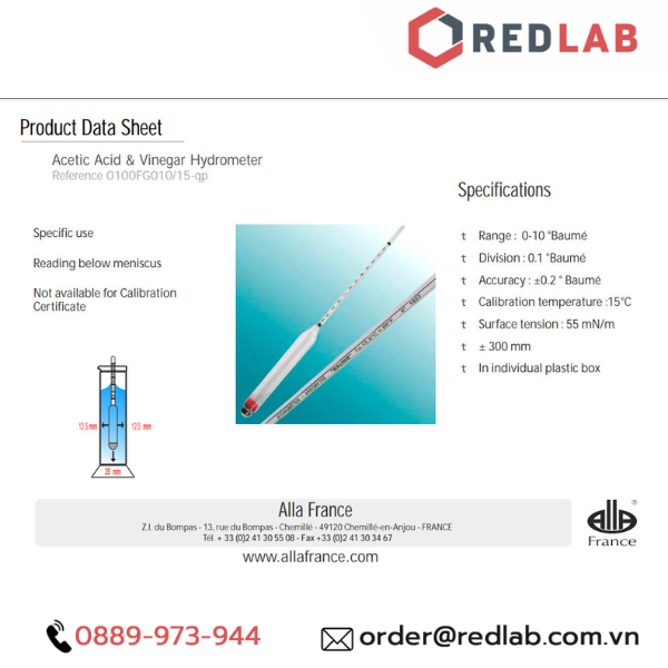 Baume kế 0-10 : 0.1°Bé Tp 15°C hãng ALLA code 0100FG010/15-QP, có VAT