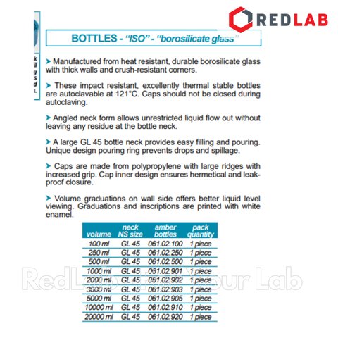 Chai trung tính nâu ISOLAB 100 250 500 1000 2000 ml nắp vặn PP xanh GL45, thủy tinh borosilicate, có VAT