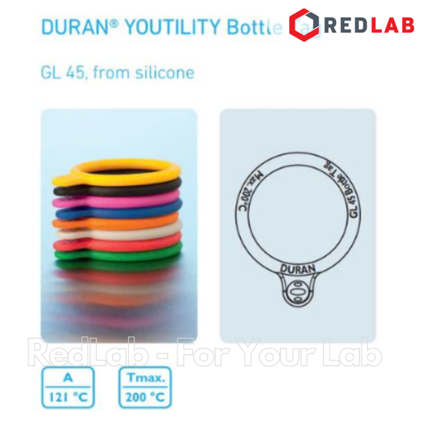Phụ kiện cho Chai trung tính DURAN Youtility và Original: nắp vặn GL45, vòng đệm, vòng cổ silicon nhiều màu, có VAT