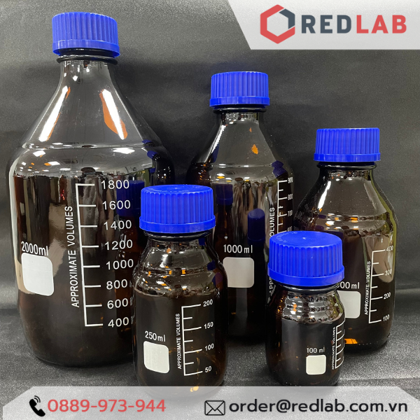 Chai Nâu nắp vặn xanh ONELAB 100 250 500 1000 2000 ml – GL45, chai thuỷ tinh soda-lime, đựng mẫu thí nghiệm kị sáng, có VAT