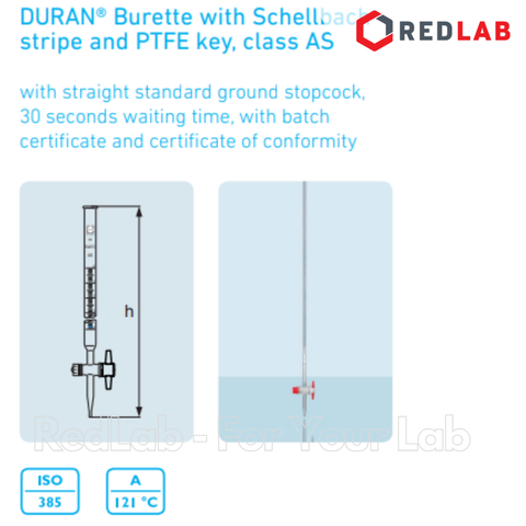 Buret trắng khóa nhựa PTFE DURAN Class AS 10 25 50 100 ml, dùng trong thí nghiệm chuẩn độ, có VAT
