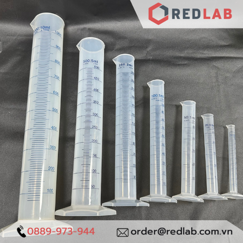 Ống đong nhựa chịu nhiệt 10-25-50-100-250-500 ml, vạch xanh, đáy lục giác ONELAB