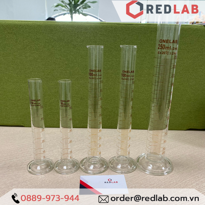 Ống đong thủy tinh ONELAB 10 25 50 100 250 500 1000 2000 ml đáy tròn, chia vạch nâu, đong mẫu thí nghiệm, có VAT