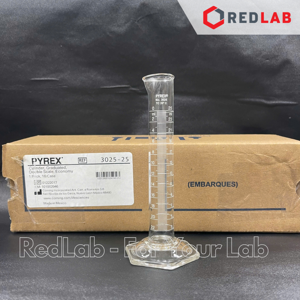 Ống đong thuỷ tinh PYREX 2 thang đo Class A 25 50 100 250 500 1000 ml, đế lục giác chia vạch trắng, borosilicate, có VAT