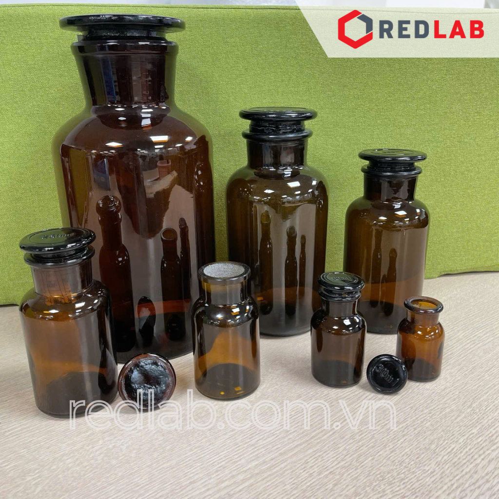Chai nâu nút mài 30 60 125 250 500 1000 2500 ml 5L 10L miệng rộng MR / miệng hẹp MH, chai thuỷ tinh nâu nắp mài nhám dùng đựng mẫu thí nghiệm, có VAT
