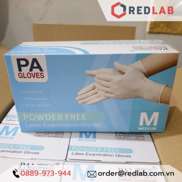 [Hộp 50 đôi] Găng tay cao su latex Không bột PA Gloves (Malaysia) size S M L dùng trong thí nghiệm, có VAT