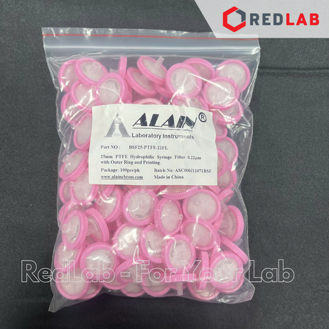 [Gói 100 cái] Đầu lọc PTFE ưa nước hydrophilic Syringe filter ALAIN 13mm / 25mm, lỗ lọc 0.22um / 0 45um, dùng cho sắc ký HPLC, có VAT