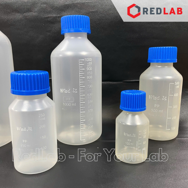 Chai nhựa PP trắng miệng rộng WISD 100 250 500 1000 2000 ml - nắp vặn xanh GL32 GL 45, chịu nhiệt, vạch nổi, có VAT
