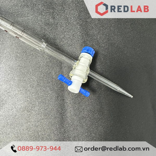 Buret trắng Eco khoá nhựa PTFE ONELAB10 25 50ml, burette thủy tinh chia vạch cho thí nghiệm chuẩn độ, có VAT