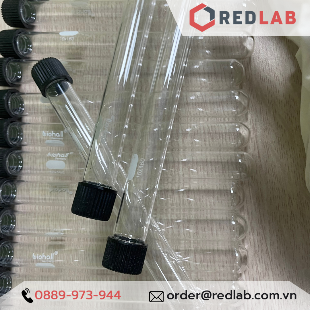 Ống nghiệm có nắp BIOHALL Ø 12 16 18 20 25 38 mm, thuỷ tinh boro 3.3 chịu nhiệt, nắp vặn nhựa PP đen, in logo, có VAT