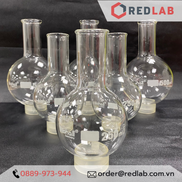 Bình cầu đáy tròn cổ trơn BIOHALL 50 100 250 500 ml 1L 2L 3L 5L 10L 20L, mark trắng, có VAT