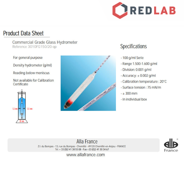 Tỷ trọng kế 1.500-1.600 : 0.001 g/ml Tp 20°C ALLA 3010FG150/20-QP hydrometer, có VAT