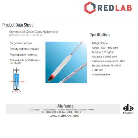 Tỷ trọng kế 1.500-1.600 : 0.001 g/ml Tp 20°C hãng Alla - Pháp - Redlab