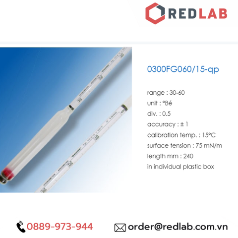 Baume kế 30-60 : 0,5°Bé Tp 15°C hãng Alla - Pháp code 0300FG060/15-qp - Redlab