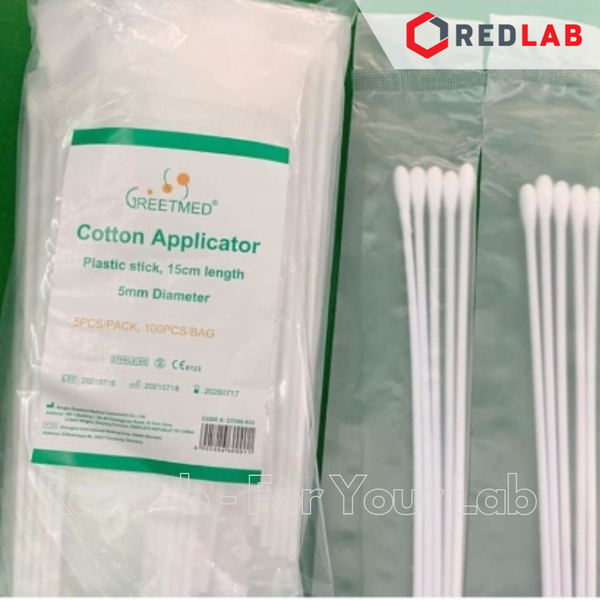 Que gòn lấy mẫu xét nghiệm GREETMED 15cm cán nhựa, tiệt trùng mỗi 5 cái (gói 100 cái) cotton applicator, có VAT
