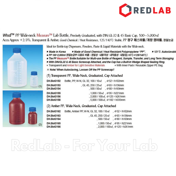 Chai nhựa PP trắng miệng rộng WISD 100 250 500 1000 2000 ml - nắp vặn xanh GL32 GL 45, chịu nhiệt, vạch nổi, có VAT