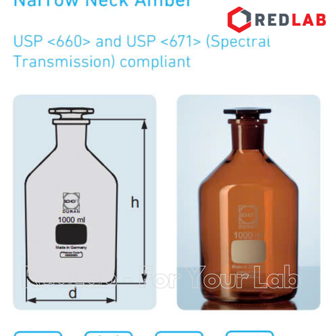 Chai nâu cổ hẹp nút mài thủy tinh DURAN 50 100 250 500 1000 200 ml - nhám 14/15 19/26 24/29 29/32, có VAT