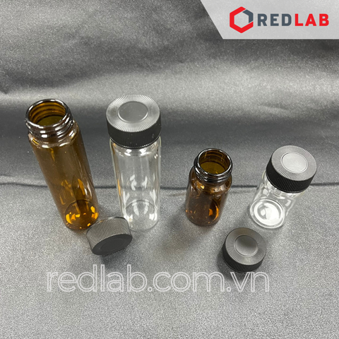[Bộ 100 cái] MEMBRANE SOLUTIONS Chai thủy tinh vial 40ML 27.5x95mm trắng / nâu + Nắp vặn 24-400 septa 1.5mm, có VAT - redlab