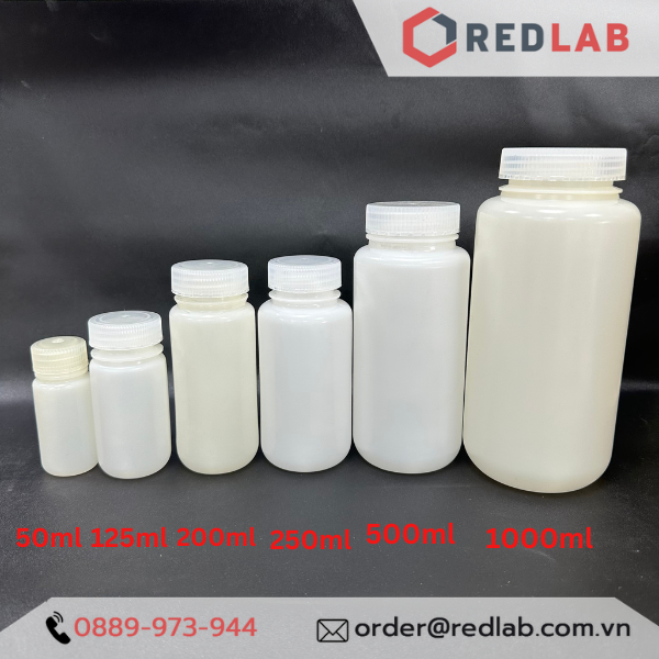 Chai nhựa HDPE trắng miệng rộng ONELAB 30ml đến 2.5L, chịu nhiệt độ lạnh -30°C to 70°C, đựng mẫu thí nghiệm, có VAT