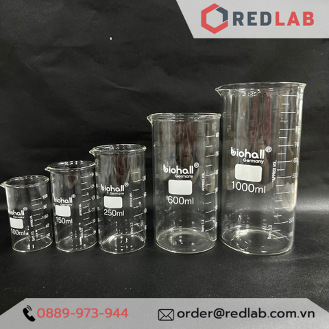 Cốc đốt Cao thành, beaker thuỷ tinh chịu nhiệt độ cao BIOHALL Germany -Redlab
