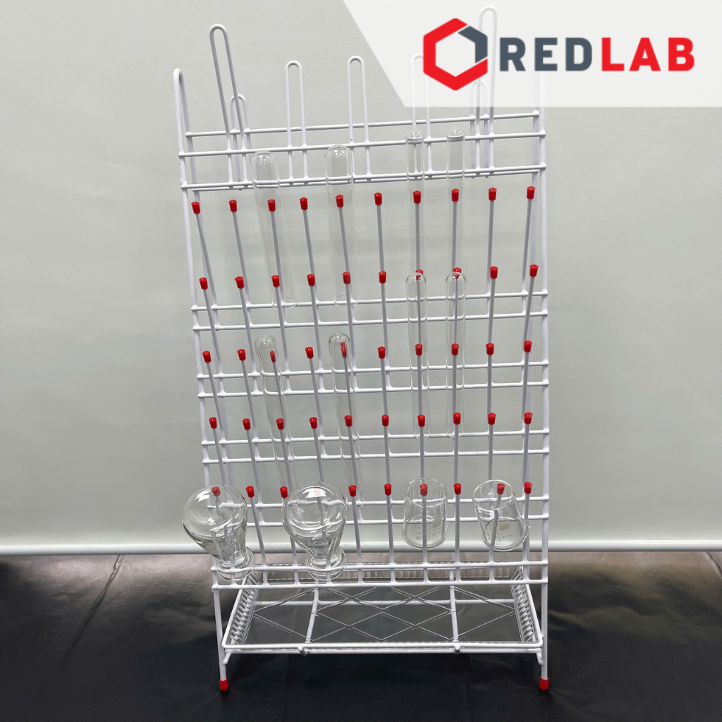 Giá phơi dụng cụ thí nghiệm 1 mặt ONELAB 48 / 55 vị trí, thép bọc nhựa, giá đỡ tự đứng kèm khay hứng, có VAT