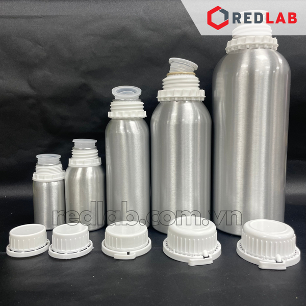 Chai nhôm 50 100 250 500 1000 ml, 99.7% nhôm, nắp khóa nhựa trắng, nắp đệm hạn chế bay hơi, có VAT