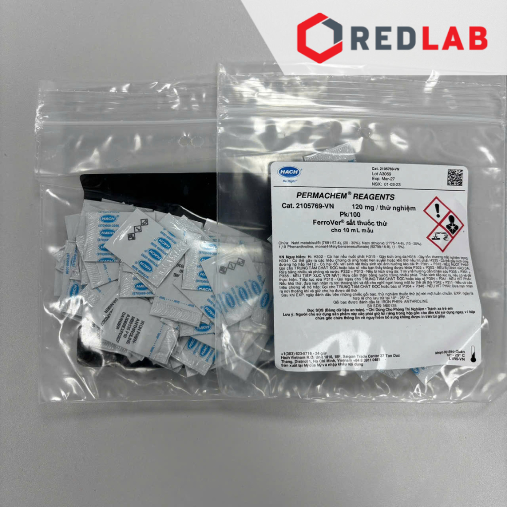 Gói thử Sắt 120mg cho 10ml mẫu HACH 2105769 Iron reagent powder, gói 100 lần test, có VAT