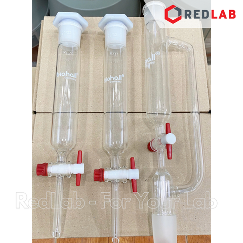 Bình lắng gạn hình trụ BIOHALL khóa nhựa PTFE 50 100 250 500 1000 ml - 2 đầu nhám 29/32, thủy tinh boro 3.3, có VAT