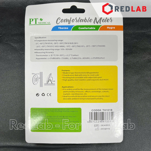 Nhiệt ẩm kế cơ học treo tường PT Medical Ø 7.5 13 cm, vành nhựa, đo từ -30 to +50°C, 20 to 100% RH, có VAT