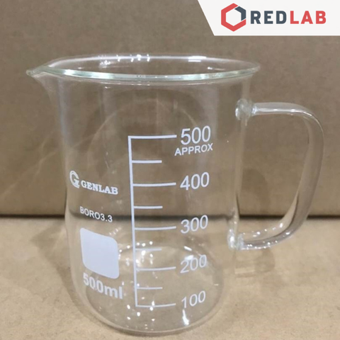 Cốc thuỷ tinh có tay cầm (size lớn) GENLAB 500 1000 2000 ml, cốc đốt có quai có mỏ chia vạch trắng, có VAT - REDLAB